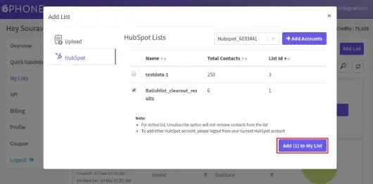 Selecting HubSpot lists to add for validation