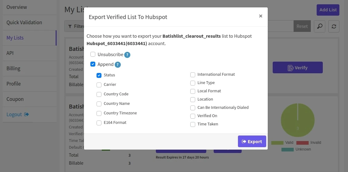 Exporting the validated results back to HubSpot