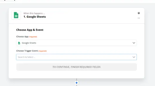 Choosing a Google Sheets trigger app in Zapier