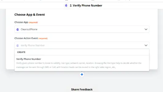 Selecting the ClearoutPhone Verify Phone Number action in Zapier