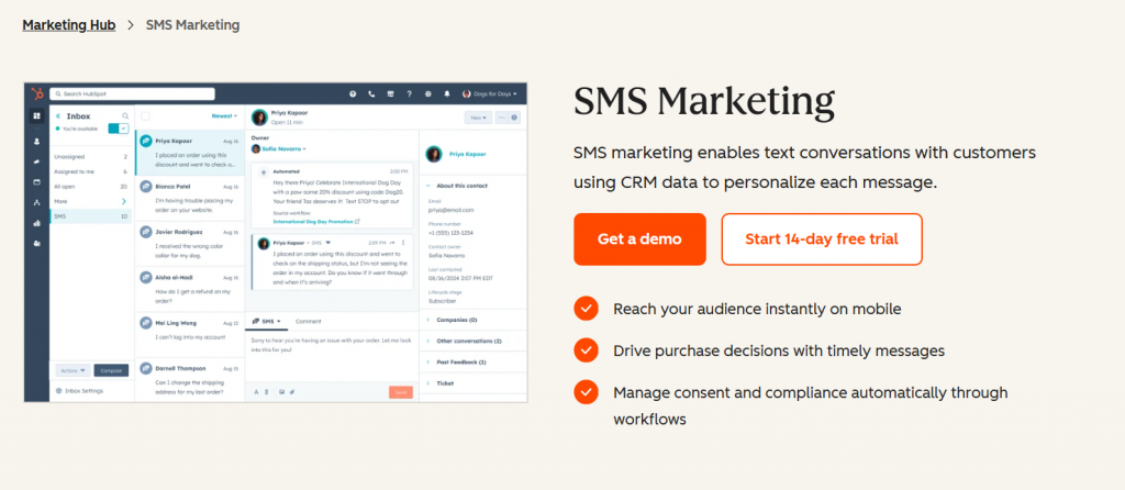 HubSpot SMS Marketing Page